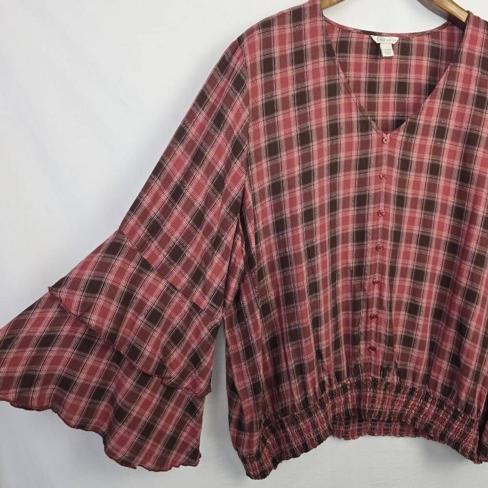 Cato Plaid Peasant Blouse 22/24W Ruffle Sleeve Pink - Picture 3 of 10